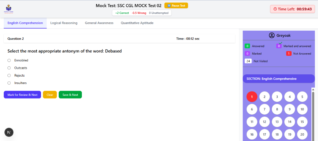 PerfectRank CBT Mock Test Interface Screen Example