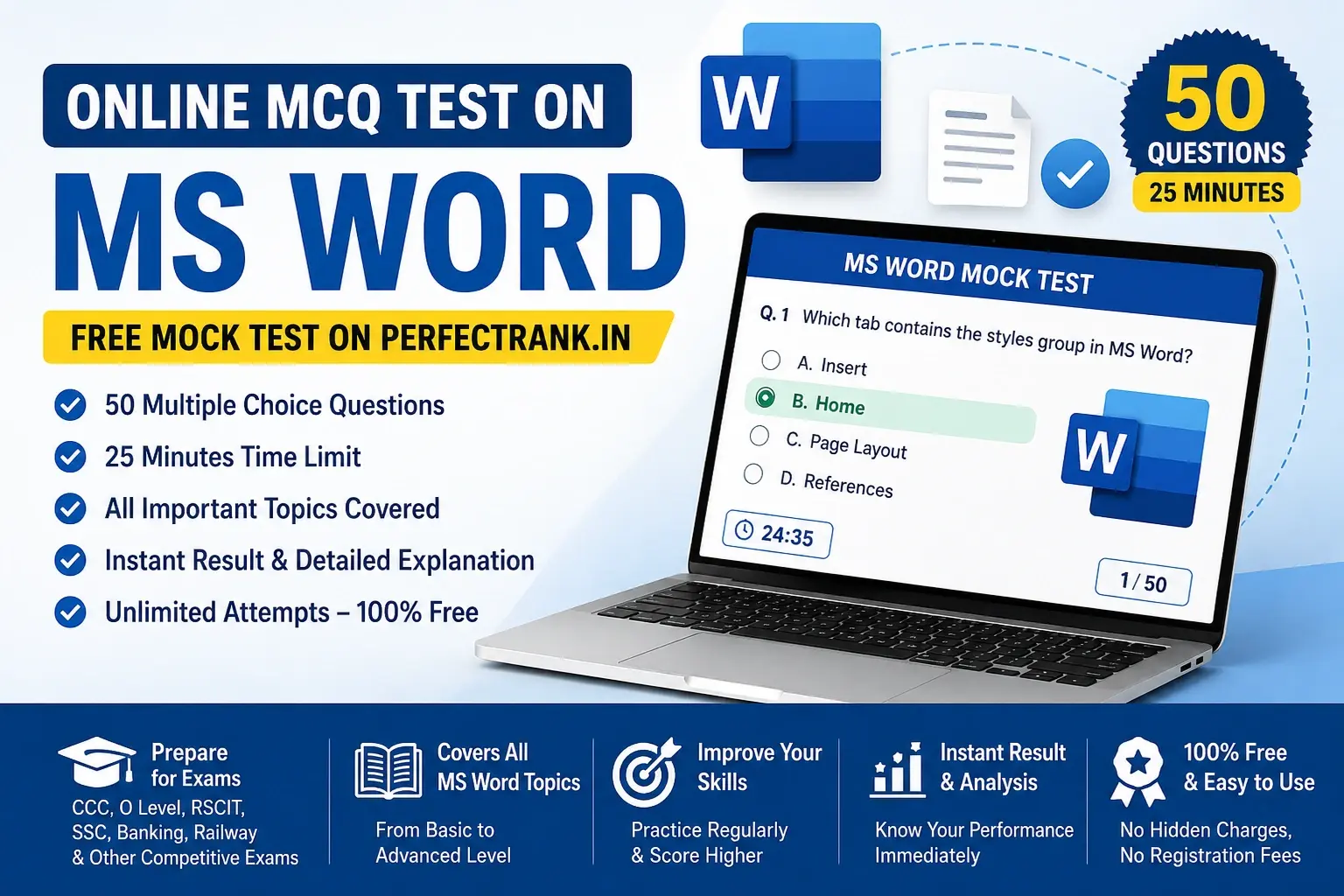 Online MCQ Test on MS Word 2026 | Free Microsoft Word Practice Test