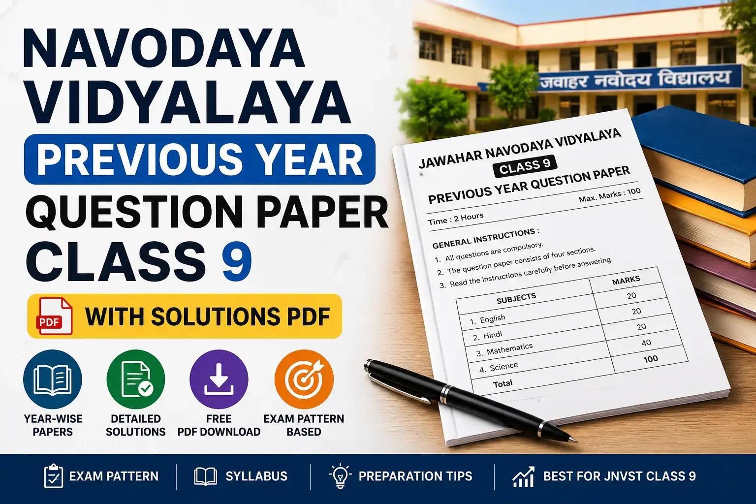 Navodaya Vidyalaya Previous Year Question Paper Class 9 with Solutions PDF 2026 | JNVST Class 9 Previous Papers